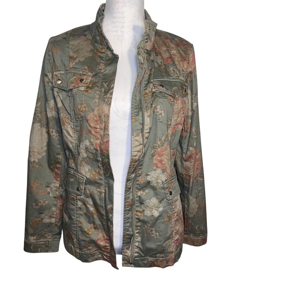 Chico’s 0 ,US 4–6 military twill olive floral utility jacket hidden button‎ snap